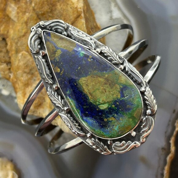 Sterling Southwestern Style Large Teardrop Azurite Malachite Bracelet For Women - Picture 1 of 10